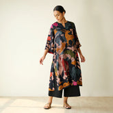 Chitra Kalamkari Print Kurta & Relaxed Churidar Pants Set (Black & Multi-Colored)