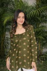 Olive Green Hand Block Print Cotton Short Kurti