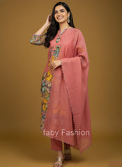 Pink Printed Krishna and Cow Motif Kurta Set with Dupatta – Triangle Lace & Scallop Border Detailing