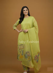 Pistachio Green Kalamkari Printed Animal & Floral Print Kurti Set with Churidar, Dupatta & Lace Detailing