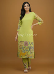Pistachio Green Kalamkari Printed Animal & Floral Print Kurti Set with Churidar, Dupatta & Lace Detailing