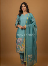 Sky Blue Cotton Kurta Set with Kalamkari Inspired Animal Motifs – Ethnic Wear for Women with Dupatta