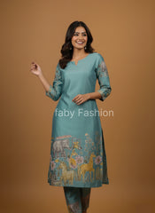 Sky Blue Cotton Kurta Set with Kalamkari Inspired Animal Motifs – Ethnic Wear for Women with Dupatta