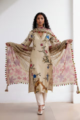 Off White Kalamkari Cotton Kurti Set with Floral & Wildlife Motifs