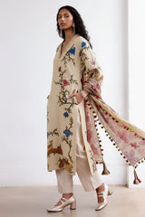 Off White Kalamkari Cotton Kurti Set with Floral & Wildlife Motifs