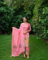 Blush Pink Kalamkari Cotton Kurti Set - Floral & Animal Design with Coordinated Dupatta