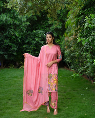Blush Pink Kalamkari Cotton Kurti Set - Floral & Animal Design with Coordinated Dupatta