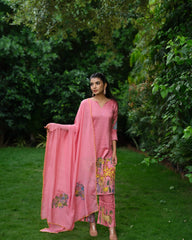 Blush Pink Kalamkari Cotton Kurti Set - Floral & Animal Design with Coordinated Dupatta