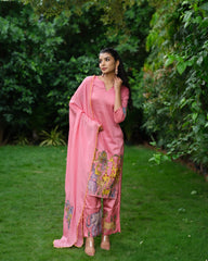 Blush Pink Kalamkari Cotton Kurti Set - Floral & Animal Design with Coordinated Dupatta
