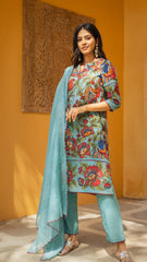 Floral Printed Blue Cotton Kurti Set with Churidar, Dupatta & Lace Detailing – Vibrant Ethnic Wear for Festive & Casual Occasions