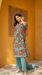 Floral Printed Blue Cotton Kurti Set with Churidar, Dupatta & Lace Detailing – Vibrant Ethnic Wear for Festive & Casual Occasions