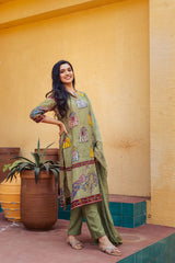 Olive Green Printed Kalamkari Elephant Design Cotton Kurti Set with Pant & Dupatta