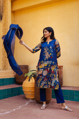 Blue Kalamkari Cotton Kurta Set with Dupatta - Traditional Printed Motifs & Embroidered Lace Detailing