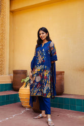 Blue Kalamkari Cotton Kurta Set with Dupatta - Traditional Printed Motifs & Embroidered Lace Detailing