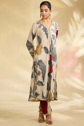 Elegant Off-White Kurti Set with Floral Accents & Shell Lace Detailing