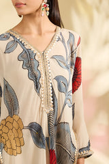 Elegant Off-White Kurti Set with Floral Accents & Shell Lace Detailing