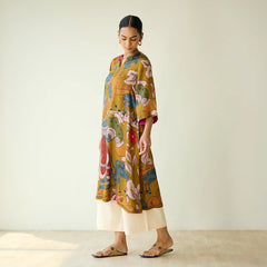 Chitra Kalamkari Print Kurta & Relaxed Churidar Pants Set (Mustard Yellow & Multi-Colored)