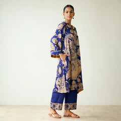 Royal Blue Kurta Set with Embroidery and Kalamkari Print