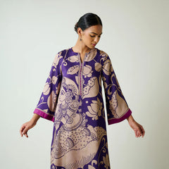 Violet Kalamkari Print Kurta Set with Embroidery - Traditional Ethnic Wear for Women