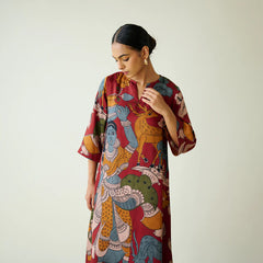 Chitra Kalamkari Print Kurta & Relaxed Churidar Pants Set (Rust & Multi-Colored)