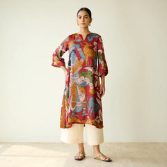 Chitra Kalamkari Print Kurta & Relaxed Churidar Pants Set (Rust & Multi-Colored)