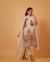 Vibrant Kalamkari Floral Cotton Kurta Set – Beige with Multicolor Design & Coordinated Dupatta