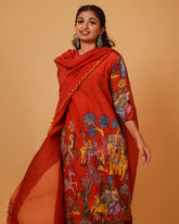 Elegant Red Kalamkari Deer & Elephant Cotton Kurti Set – Floral & Animal Design with Coordinated Dupatta