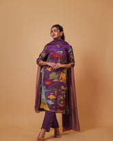 Kalamkari waterfall Cotton Kurta Set – Purple with Animal & Floral Design with Coordinated Dupatta