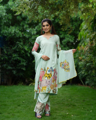 Pista Green Cotton Kurta Set with Kalamkari Animal & Floral Print – Ethnic Co-ord Set for Women