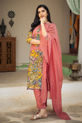 Pink Printed Krishna and Cow Motif Kurta Set with Dupatta – Triangle Lace & Scallop Border Detailing