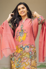 Pink Printed Krishna and Cow Motif Kurta Set with Dupatta – Triangle Lace & Scallop Border Detailing