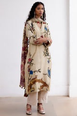 Off White Kalamkari Cotton Kurti Set with Floral & Wildlife Motifs