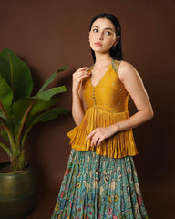 Elegant Ethnic Fusion - Premium Mirror Crop Top with Flowing Lehenga