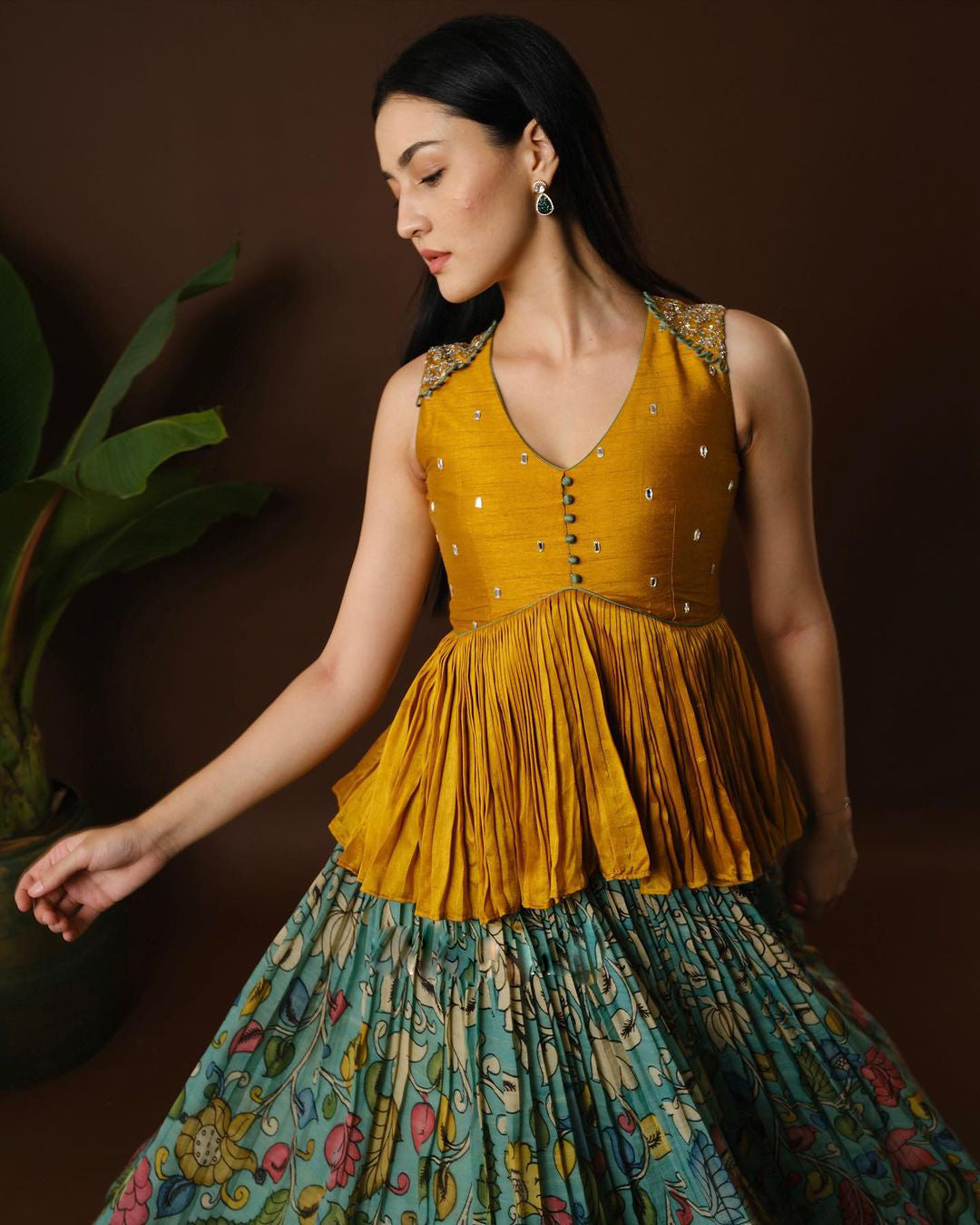 Elegant Ethnic Fusion - Premium Mirror Crop Top with Flowing Lehenga