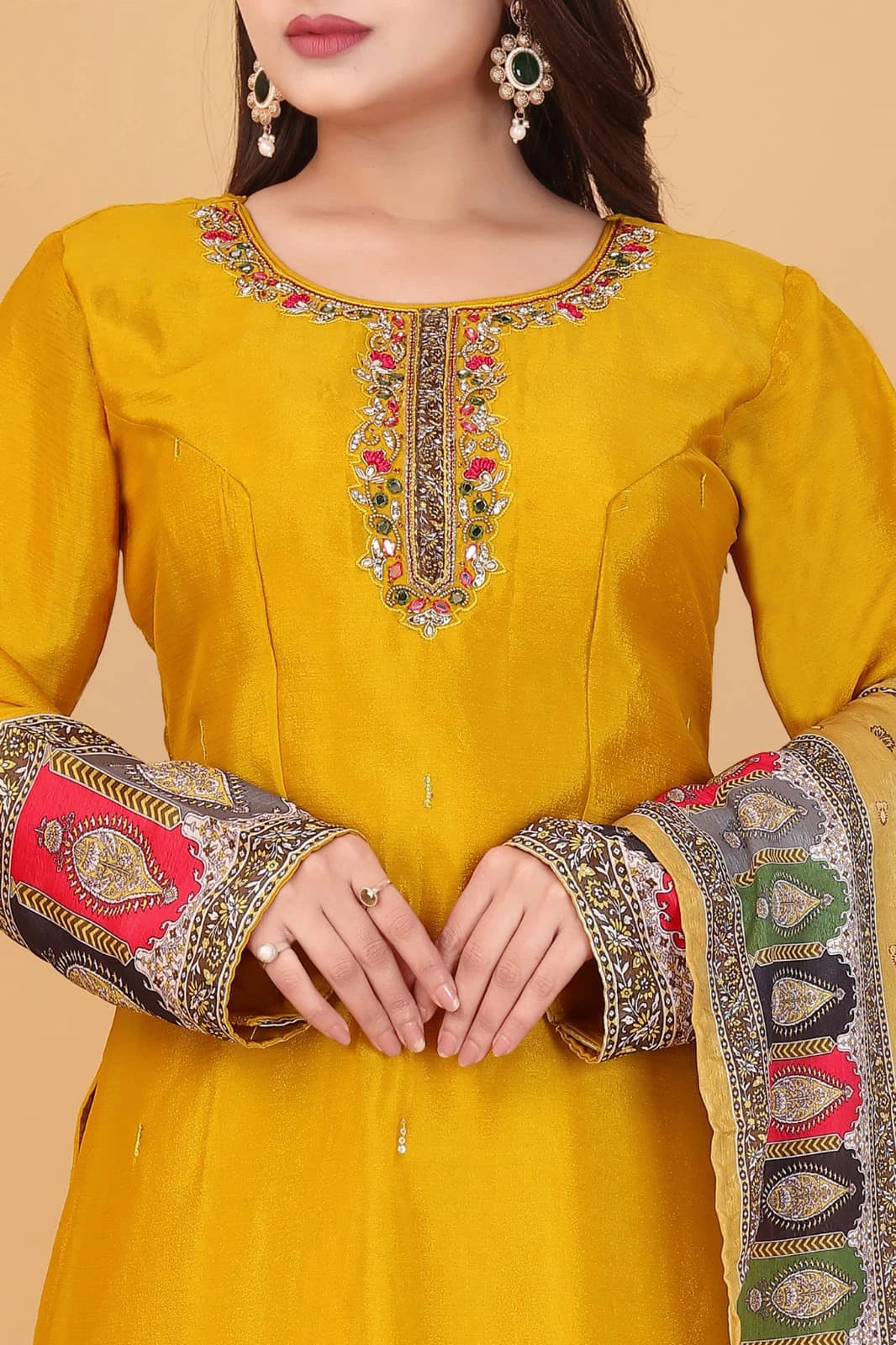 Luxurious Yellow Premium Chinon Silk Embroidered Kurti Set with Dupatta – Timeless Elegance & Handcrafted Design