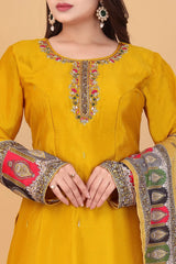 Luxurious Yellow Premium Chinon Silk Embroidered Kurti Set with Dupatta – Timeless Elegance & Handcrafted Design