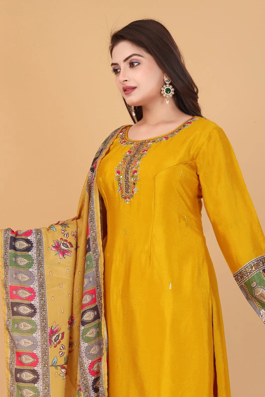Luxurious Yellow Premium Chinon Silk Embroidered Kurti Set with Dupatta – Timeless Elegance & Handcrafted Design