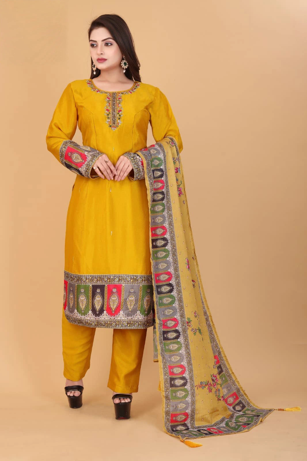 Luxurious Yellow Premium Chinon Silk Embroidered Kurti Set with Dupatta – Timeless Elegance & Handcrafted Design