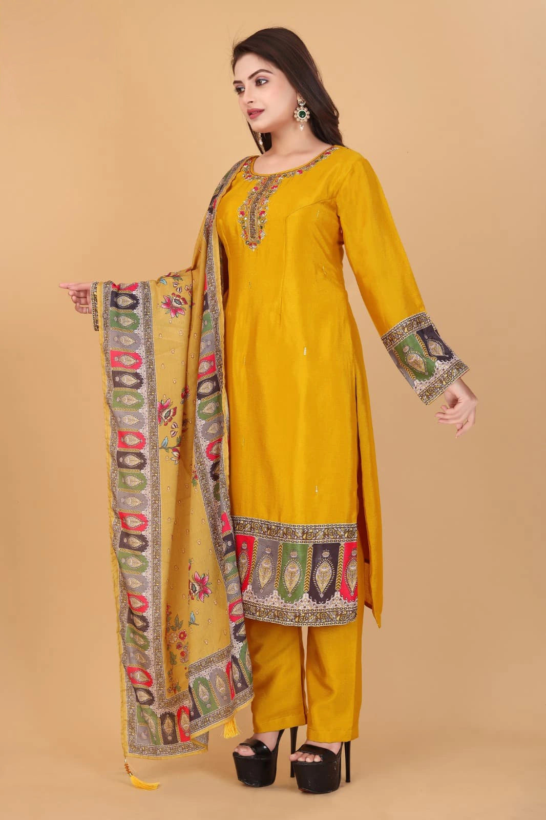 Luxurious Yellow Premium Chinon Silk Embroidered Kurti Set with Dupatta – Timeless Elegance & Handcrafted Design