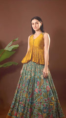 Elegant Ethnic Fusion - Premium Mirror Crop Top with Flowing Lehenga