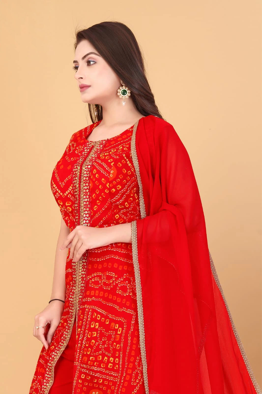 Luxurious Red Georgette Bandhani Kurti Set with Handcrafted Embroidery & Dupatta - Exquisite Traditional Design