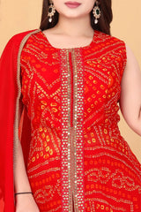 Luxurious Red Georgette Bandhani Kurti Set with Handcrafted Embroidery & Dupatta - Exquisite Traditional Design