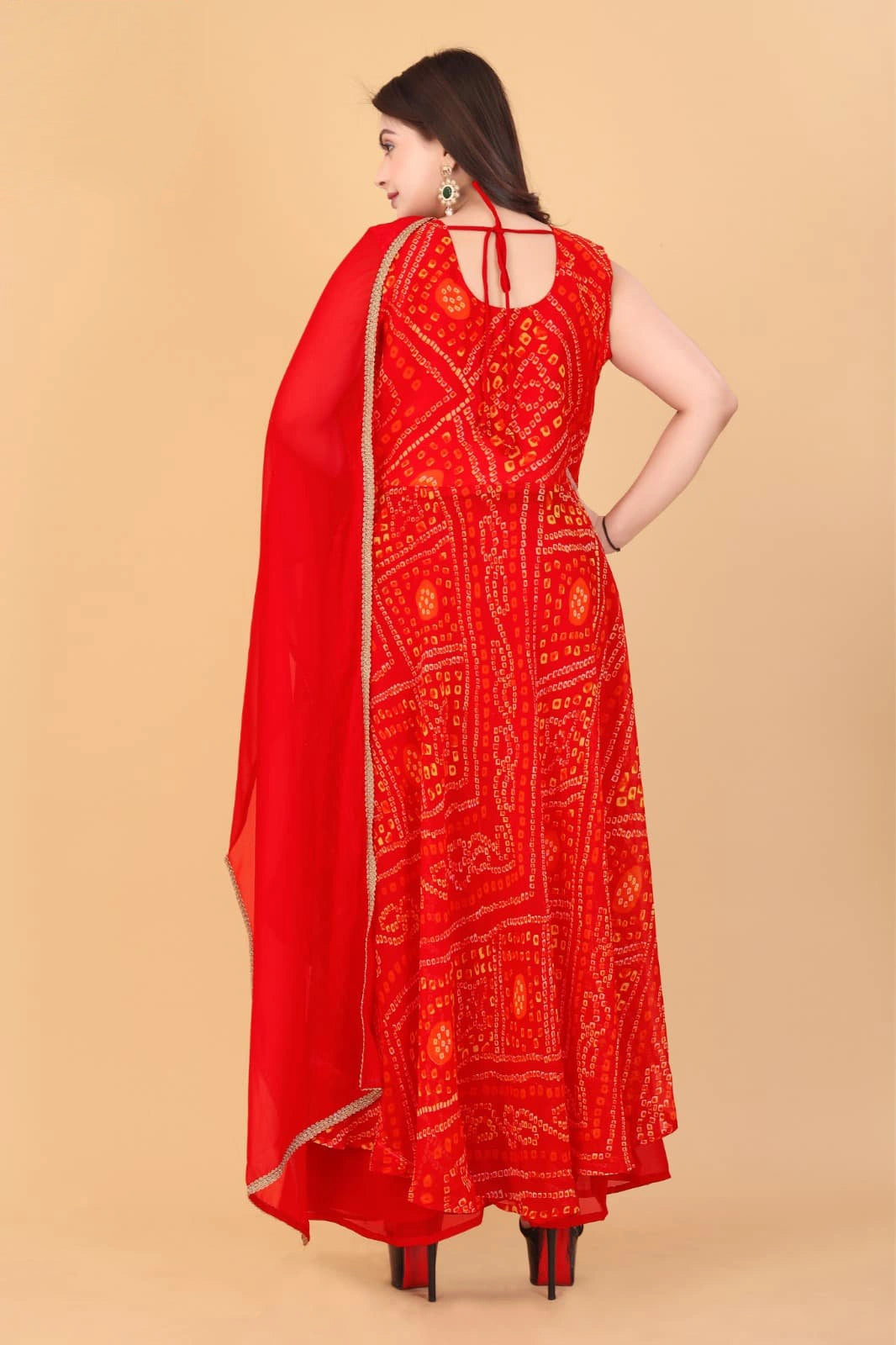Luxurious Red Georgette Bandhani Kurti Set with Handcrafted Embroidery & Dupatta - Exquisite Traditional Design