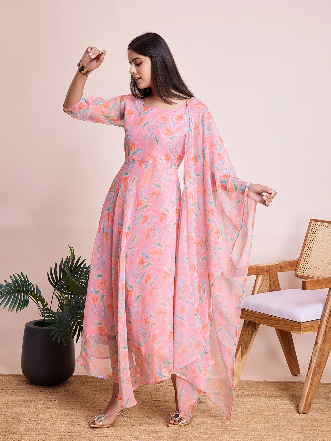 Printed Georgette Maxi Gown with Dupatta