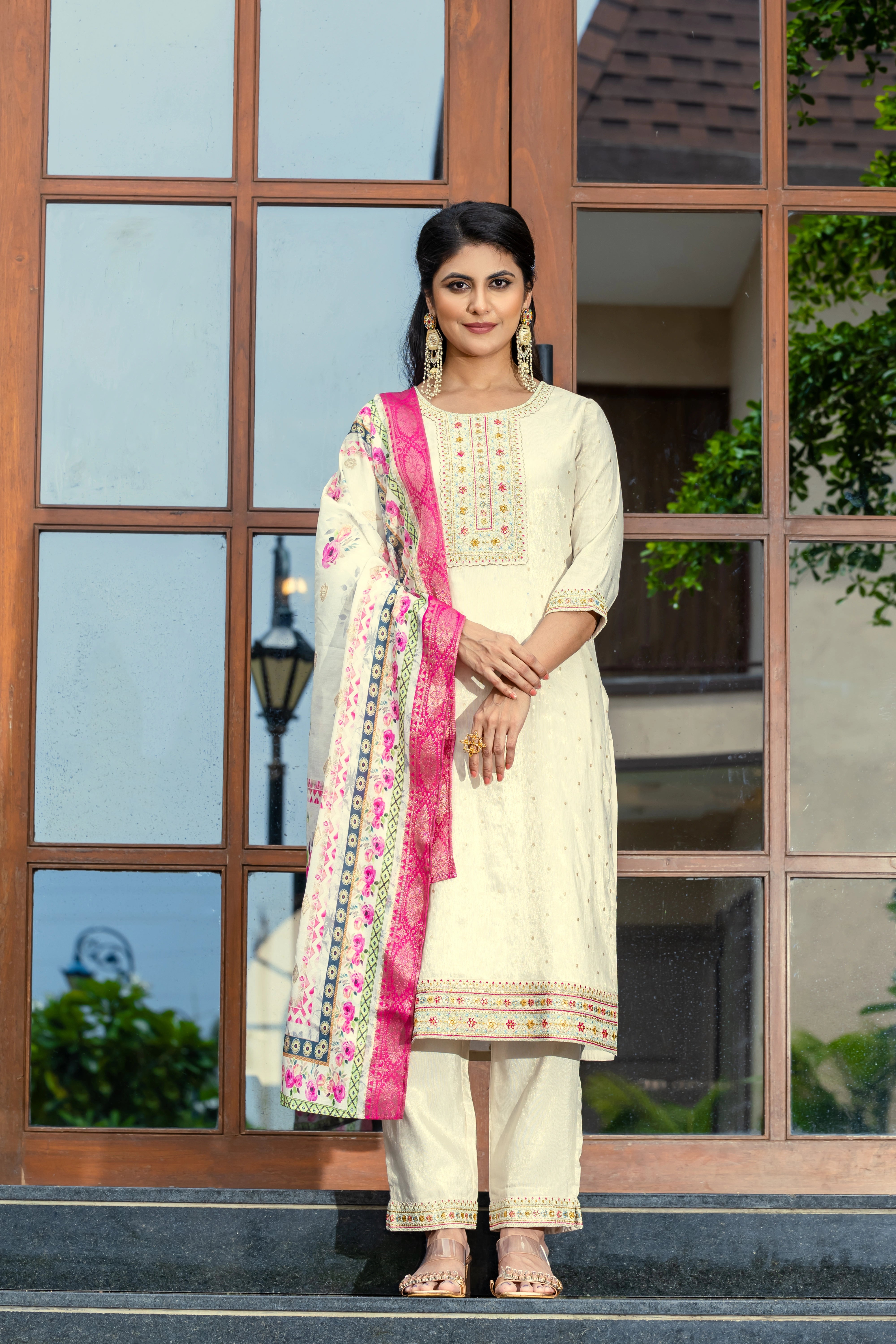 Elegant Embroidered Cotton Suit with Jacquard Dupatta