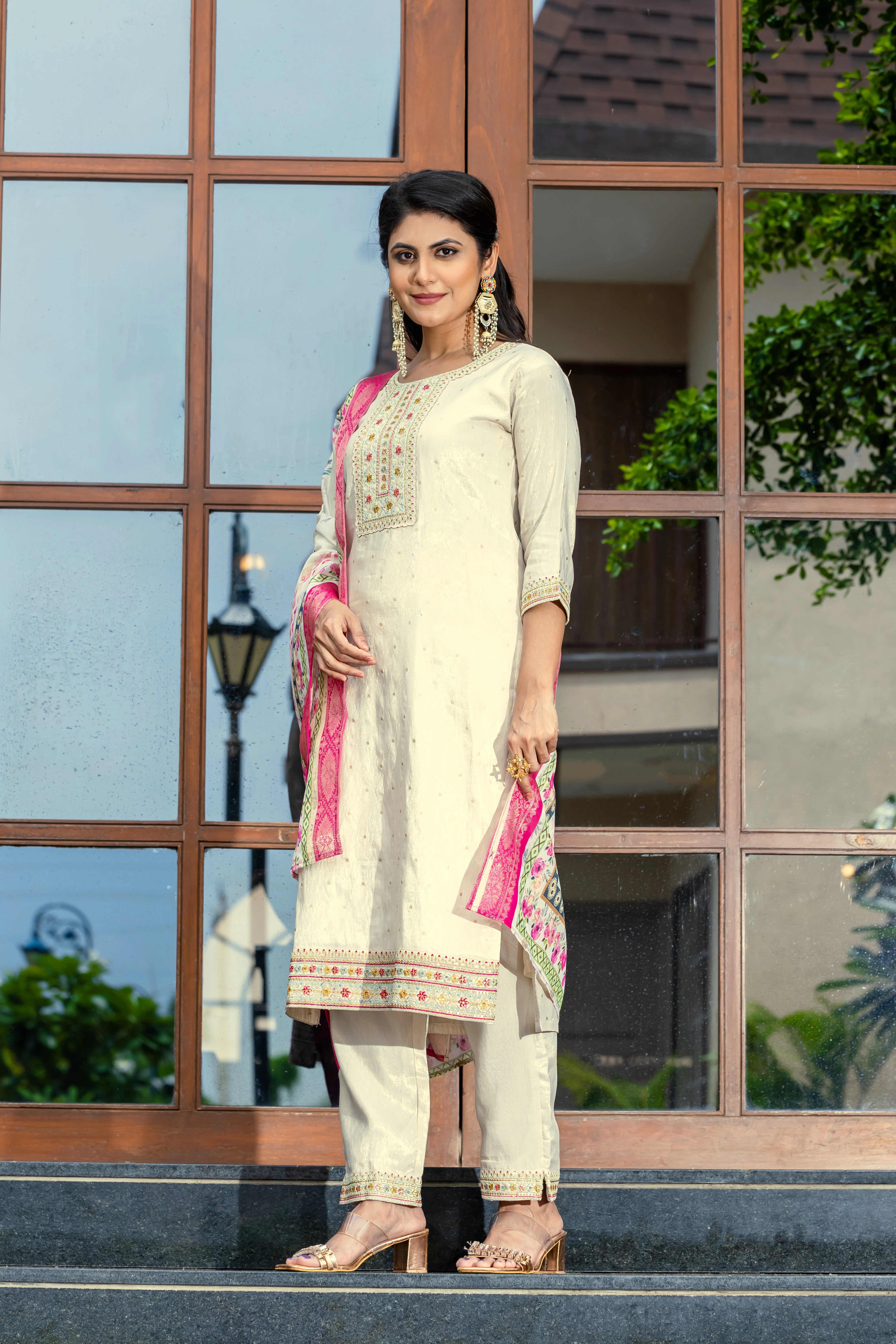 Elegant Embroidered Cotton Suit with Jacquard Dupatta