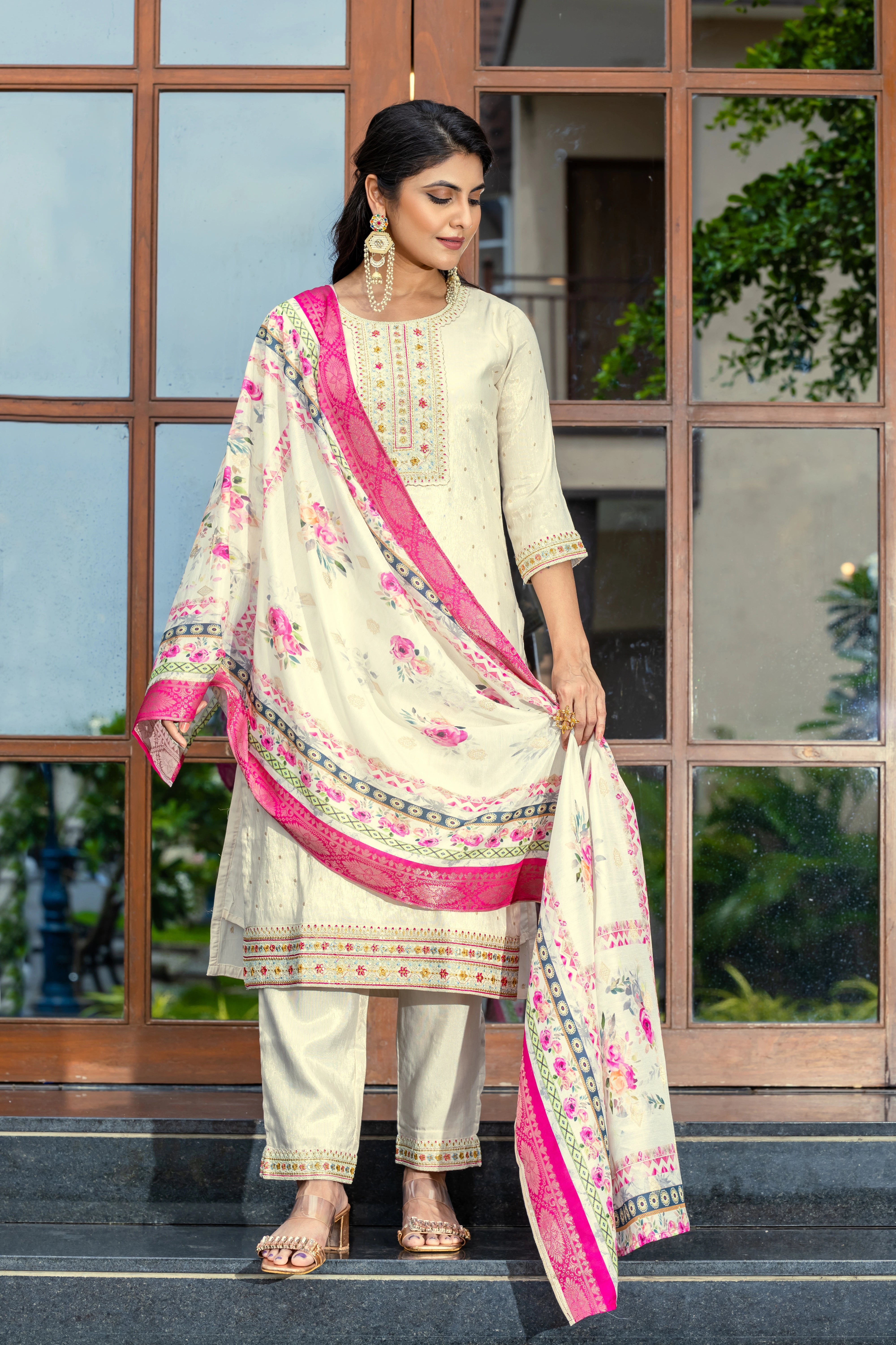 Elegant Embroidered Cotton Suit with Jacquard Dupatta