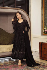 Elegant Black Embroidered Georgette Anarkali Set with Dupatta and Cotton Pants