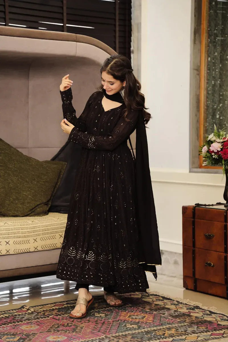 Elegant Black Embroidered Georgette Anarkali Set with Dupatta and Cotton Pants