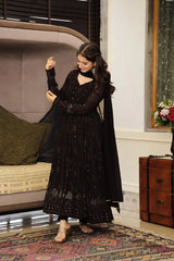 Elegant Black Embroidered Georgette Anarkali Set with Dupatta and Cotton Pants